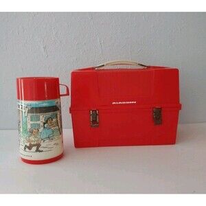 Vintage Kids Children's Red Aladdin Plastic Lunchbox With Thermos
